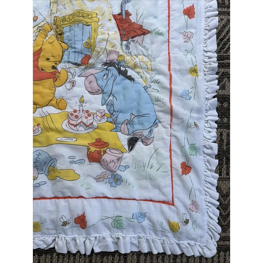 Vintage Winnie the Pooh Party Reversible Quilted Ruffle Trim Bed Crib Comforter